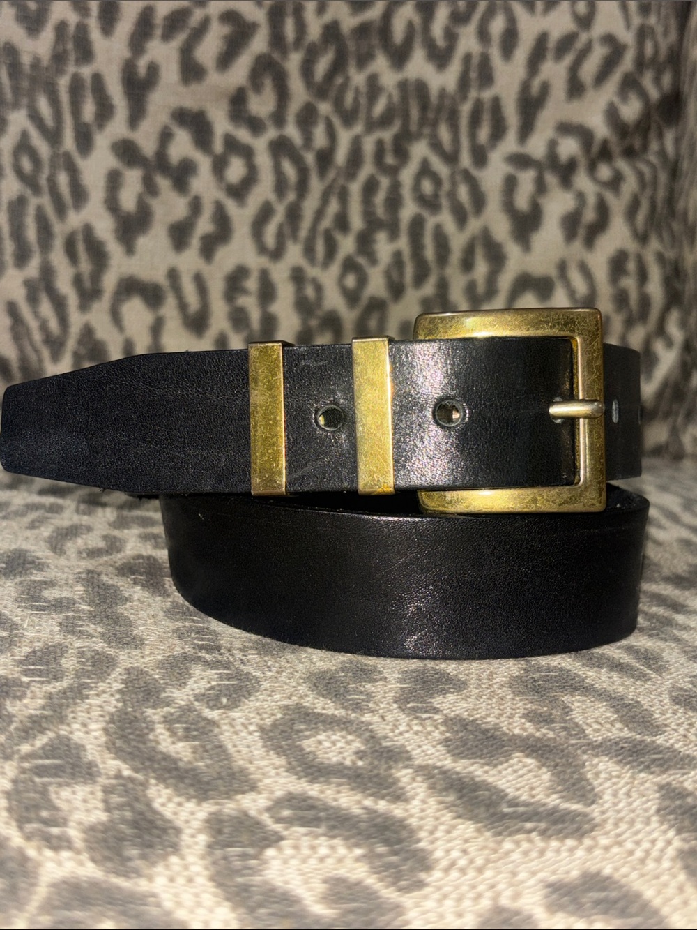 Vintage Garay black leather belt brass buckle double keeper classic preppy small